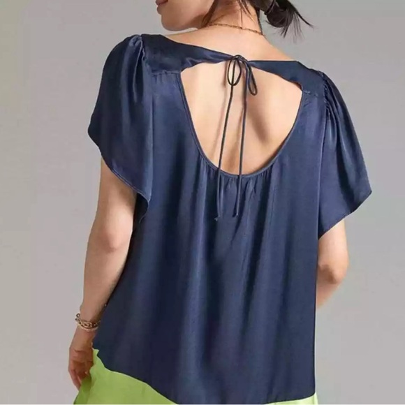 Anthropologie Maeve Satin-like Color Block Tunic Navy and Green sz MEDIUM - Picture 4 of 8